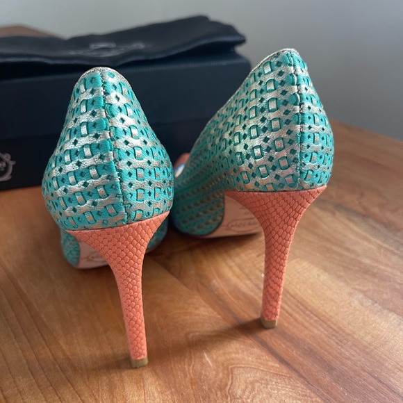 Lucy Choi London “Cupid” High Heels Orange Green Blue Lizard Size 36 / 6 - Picture 10 of 11